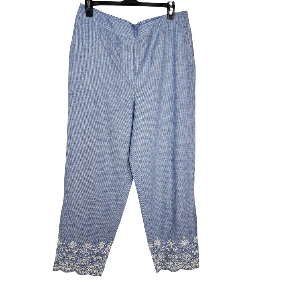 Chicos Pant Size 1 US 8 Pismo Beach Linen Blend Pull On Embroidered Stripe Beach